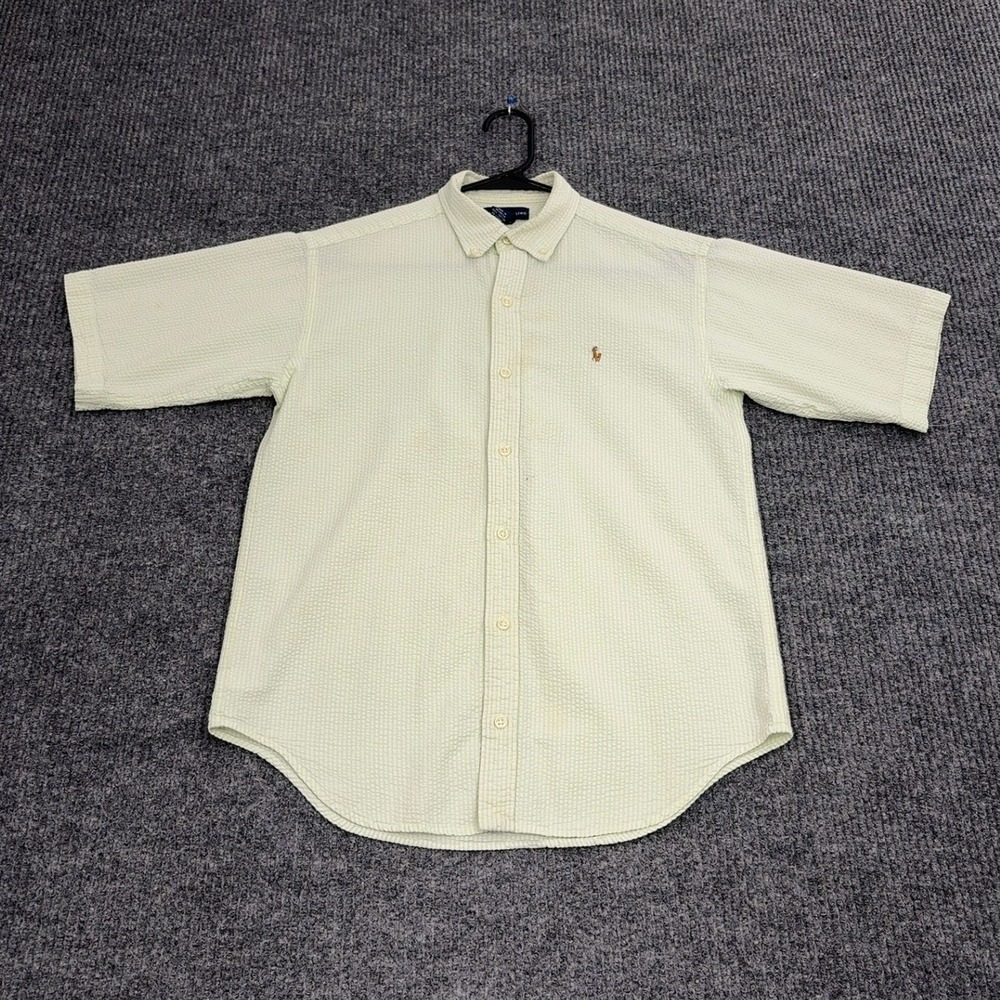 Ralph Lauren Button Up Shirt Boys L Green Seersucker Short Sleeve Preppy Classic